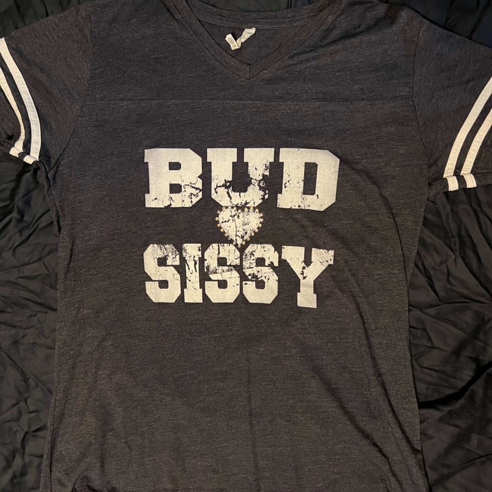 Large Top fits more like a medium navy blue white stripes on sleeves